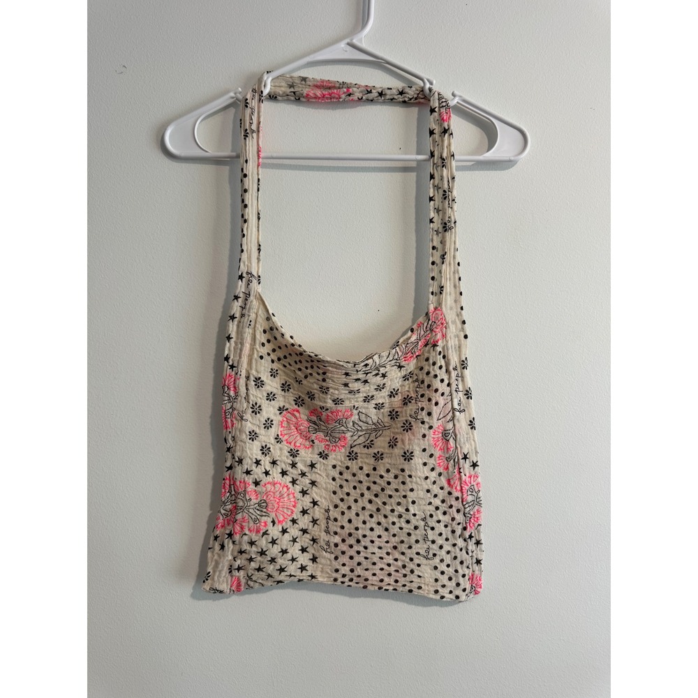 Free People Gauze Tote Bag Womens 12x12 Cream Pink Star Polka Dot Slouchy